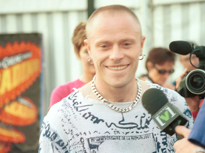 The Prodigy took a break after their third album 'The Fat of the Land'. They reunited a few years later, but even during the band's hiatus, Keith couldn't keep away from big rock 'n' roll events such as Reading Festival. Here he is answering reporters' questions at the 2000 bash.